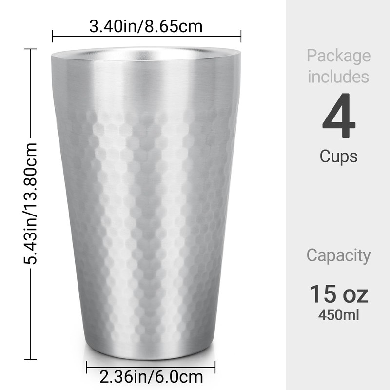 Beasea Stainless Steel Cups 15 oz, 4 Pack Large Stackable