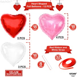 KatchOn, 12pcs Heart Shaped Foil Balloons Set - Red, Pink & White, I Love You, Romantic Decorations, Anniversary, Bachelorette Party, Extra Large, Unisex, Reusable