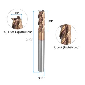 sourcing map Carbide Square End Mill, 1/4" Dia TiAlN Coated 4 Flutes Milling Bit Cutter, for Hardened Steel Stainless Steel Alloy Metal, 1/4" Shank 3/4" Cut Length 2-1/2" Long HRC55