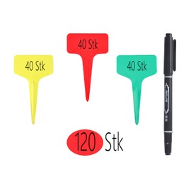 Mizijia Plant Signs for Outdoors, Plant Stakes, 120 x T-Type, Weatherproof, Three Colours, Plant Signs and Label Pen, Labelling Reusable, Plastic Signs for Labelling