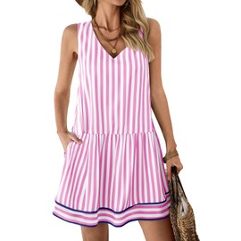 Wenrine Womens Casual Summer Dresses Sleeveless Tank Striped V Neck Loose Mini Dress Pink