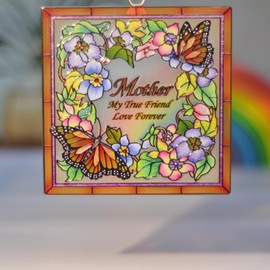 Stained Glass Window Hanging, Butterfly Garden Suncatchers for Window Birthday Gift for Mom Stained Glass Panels Memorial Gift Sun Catchers Indoor Window Home Garden Christmas Decor (MOM)