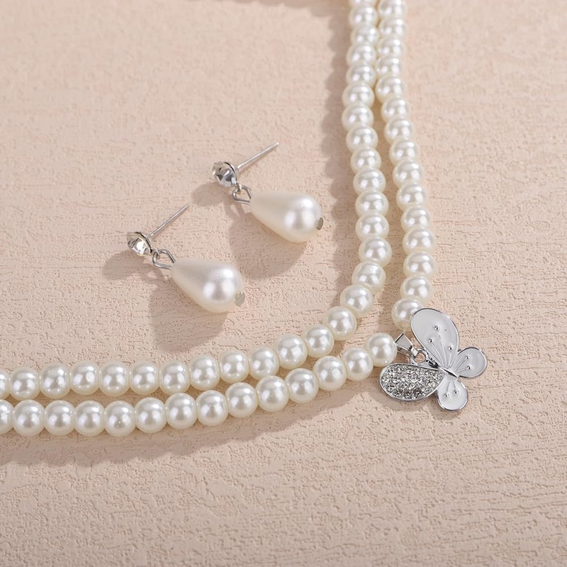 JWICOS Pearl Layered Wedding Necklace Earrings Set Silver Butterfly Rhinestone