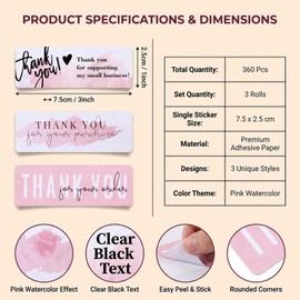 3 Rolls Pink Thank You Stickers Small Business, of 360 Labels