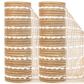 Ribbli Christmas Tree Ribbon Garland-2 Rolls Snowball Natural Burlap Mesh Ribbon,10 inch x 30 feet(10Yard), Christmas Ribbon for Wreath Swags and Christmas Tree