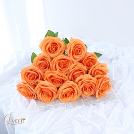 LVEFIT 12pcs Artificial Rose Flower Orange Rose Orange Flower with Long Stem Silk Roses Bouquet for Wedding Bridal Shower Party Home Decoration