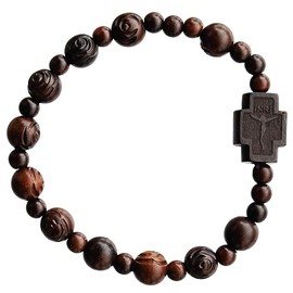 Sine Cera Rose Cut Jujube Wood 1 Decade Catholic Rosary Bracelet, Durable Stretch Design, Double-Sided Laser Engraved Centerpiece with Crucifix/Madonna and Child, Smooth 8mm Beads
