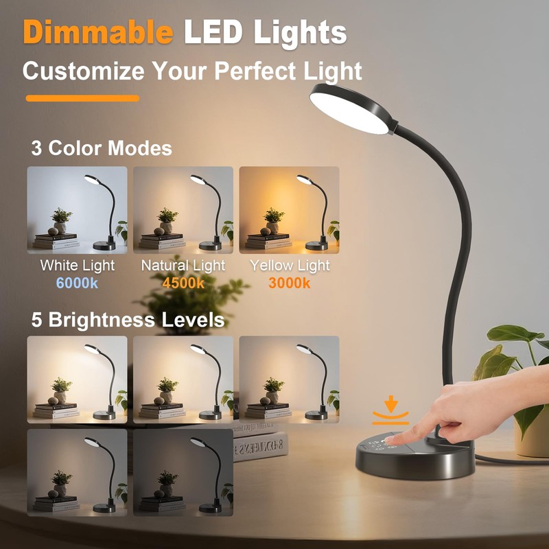 15W LED Desk Lamp with USB Charging Ports – Dimmable