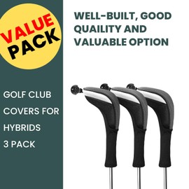 FINGER TEN Golf Club Head Covers Woods Hybrids Long Cover, Headcovers with Interchangeable No. Tags Fit All Hybrids Wood Clubs Light Durable (Black-3 Pack Hybrid Covers)