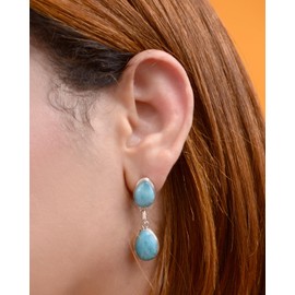 arrings, dangling double blue stone and sterling silver handmade from natural larimar. Handcrafted with butterfly clasp closure.
