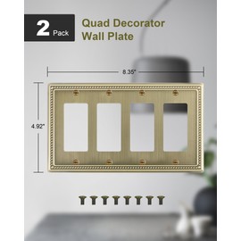 TREEWELL 2-Pack Quad Decorator Outlet Cover Plate, Pearls Decorative Switch Plates and Outlet Covers, 4 Gang Antique Brass Metal Wall Plates, Corrosion Resistant