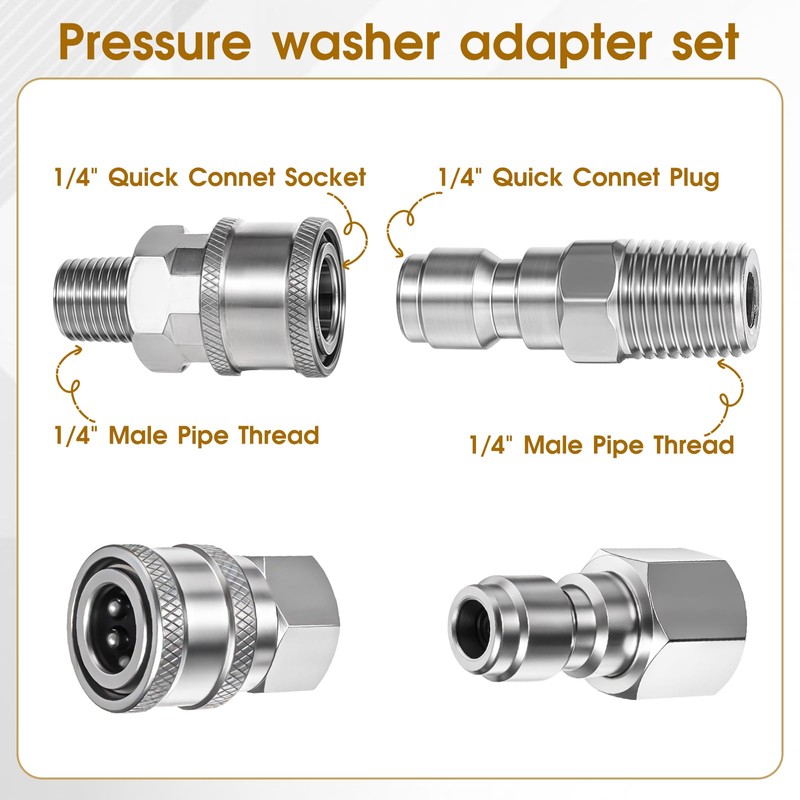 Bruislard 4 Sets NPT 1/4 Inch Pressure Washer Coupler, Stainless