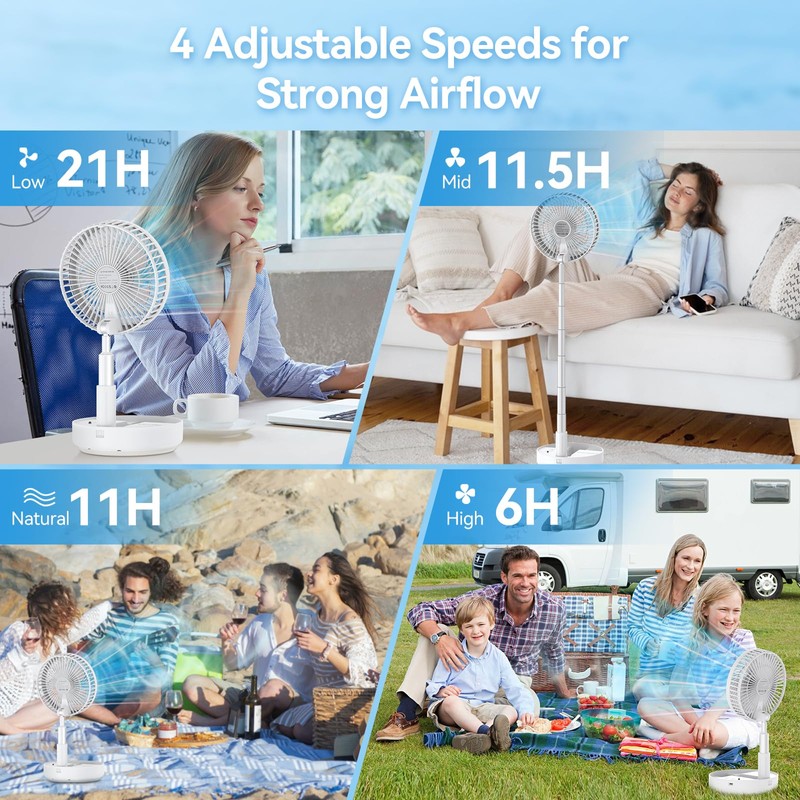 Primelove Portable Oscillating Rechargeable Fan, Battery Operated with 4 Speed