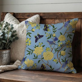 HERHOME Grandmillennial Throw Pillow Covers 18x18 Inch Yellow Floral Butterfly Bird Chinoiserie Blue Vintage Outdoor Summer Decorations Decorative Throw Pillows Cases Set of 2 for Room Couch Decor