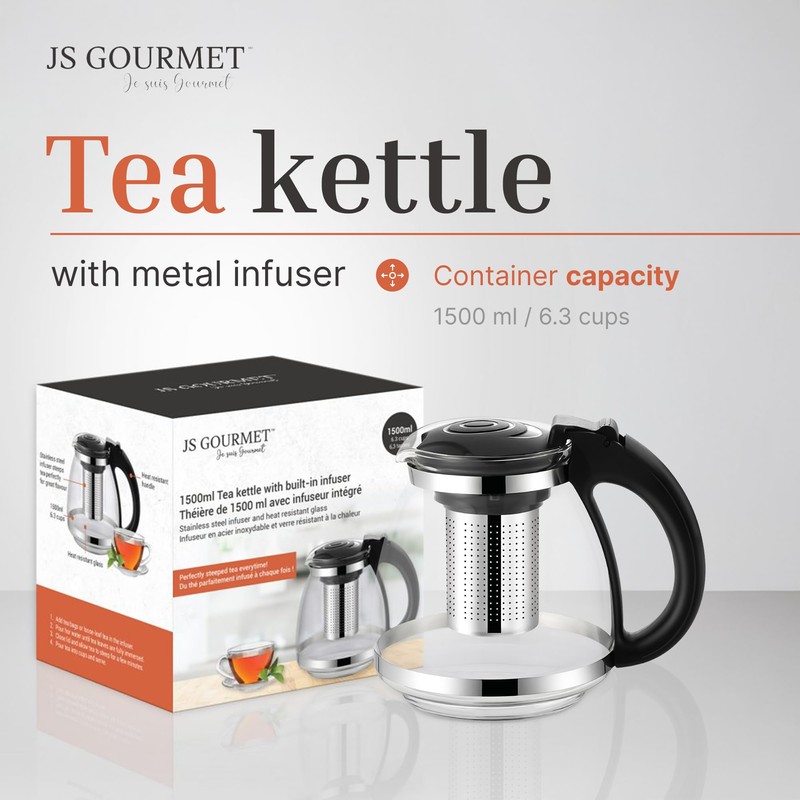 JS Gourmet 1500ml Glass Tea Pot with Infuser and Lid,