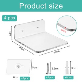 SLTAXAR 4 Pack 10x10cm Acryl Wandregal Acryl Schwimmende Regal Schwebende Wandregal Transparent Acryl Schweberegal Wand Hängeregal Schwebendes klare Acryl Display Ledges Wand Displayregal