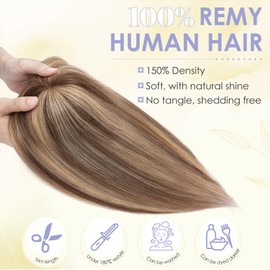 TESS Human Hair Toppers with Fringe, Pony Clip in Hair Toppers for Thinning Hair Women Real Hair, Mono Base Toupee Hair Topper for Women Human Hair, 06 Inch #4P27 Medium brown＆Dark blonde