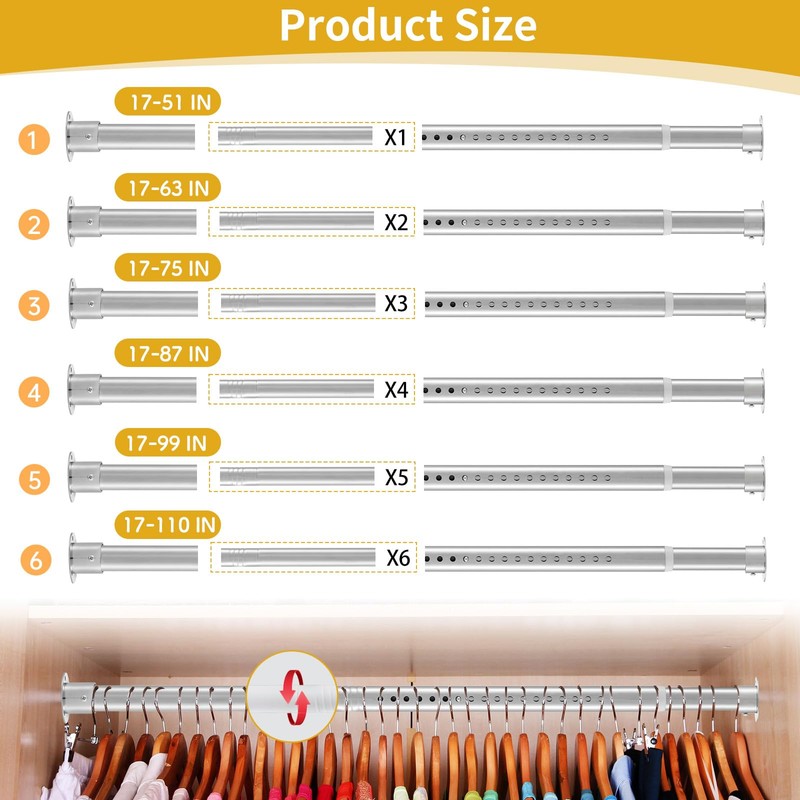 Closet Rod, 17 to 87 Inch Stainless Steel Adjustable Closet