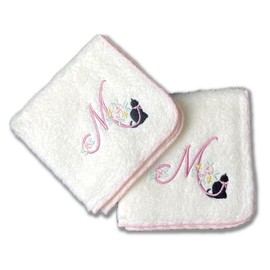 2pcs Set Cute Cat with Monogrammed Japanese Towel Handkerchiefs for Women [ Designed in Japan ] Handkerchiefs for Cat Lover (M)