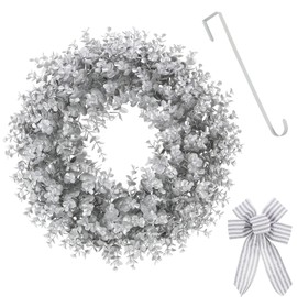 Kuimen Winter Wreath, Silver Christmas Front Door Wreaths. This Wreath Comes with a Door Hanger and a Bows, for Winter and Winter Decorations. for Decorate Doors, Windows, and fireplaces.