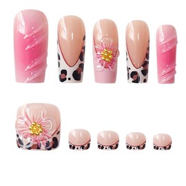 Flower Press on Nails Leopard Print Press on Toenails Set French Tip Fake Toe Nails Long Square False Nail Glossy Full Cover Acrylic Stick on Toes 3D Floral Glue on Nails for Women Manicure 48Pcs