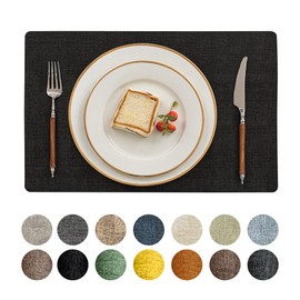 Romanstile Vinyl Placemats Set of 6-12 X 17 Inch - Heat Resistant Place Mats 100% Waterproof Oilproof Wipeable Reversible Faux Leather Table Mats for Kitchen, Dining, Party, Outdoor, Black