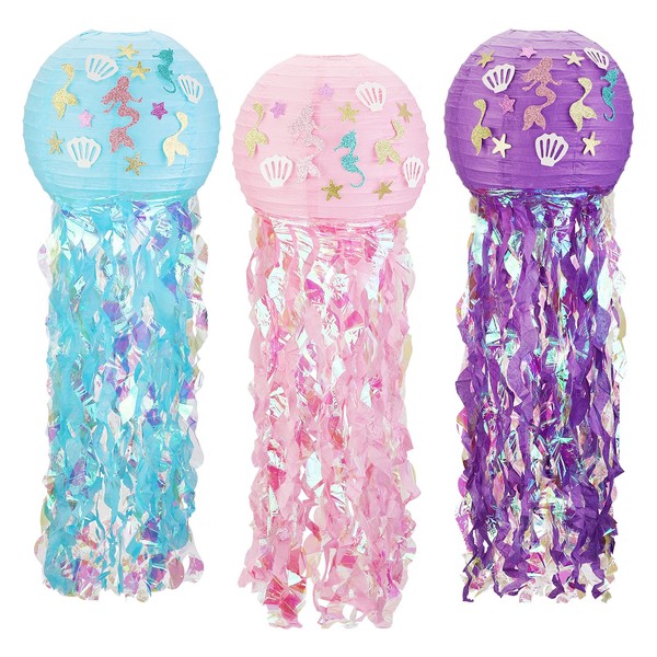 Mermaid Hanging Jellyfish Paper Lanterns, 3 Pack Mermaid Themed Glitter Hanging Jellyfish Paper Lanterns with Bright Strip Decoration and Mermaid Stickers for Girls Birthday, Bedroom, Party Decoration