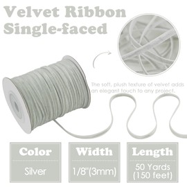 HUIHUANG Velvet Ribbon 1/8 inch x 50 Yards Thin Silver Ribbon Single Face Vintag Narrow Ribbon for Gift Wrapping, Christmas Ornaments, Wedding Invitations, DIY Crafts, Tag Decoration