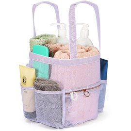 DV Lifestyle Mesh Shower Caddy Dorm, 7 Pockets & 1 with Zipper, Shower Tote with Padded Handles, Travel Shower Caddy Portable, Shower Caddy College Room Essentials, Bathroom Shower Bag (Light Gray)