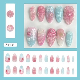 24 Pcs Pink Blue Gradient Press on Nails Medium Almond Fake Nails with Flower Pearl Designs Full Cover Glossy Stick on Nails Spring Summer Floral Acrylic Nail for Women Nail Decor Supplies