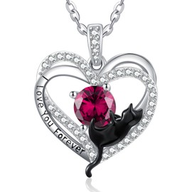 Zeuslia Heart Black Cat Birthstone Necklaces for Women Sterling Silver Black Cat Heart Pendant Love Forever Cute Animal Jewellery Gifts for Women, Sterling Silver, Ruby