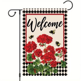 Starlit Patio Spring Summer Geranium Welcome Garden Flag 12 x 18 Inch Double Sided Summer Bee Red Floral Buffalo Plaid Small Yard Flag House Seasonal Farmhouse Outside Outdoor Decoration