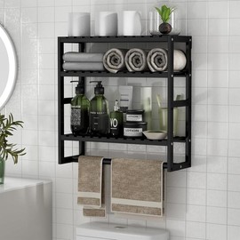 Towel Rack Bathroom Storage Shelves Over The Toilet with Towel Bar 100% Bamboo Adjustable Height Floating Shelf Wall Shower Shelf for Bathroom Kitchen Living Room Multi Usage (Black-1Pack)
