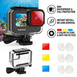 Honghauth 60m/196ft Waterproof Case for Gopro Hero 13/12/11/10/9 Black Action Camera, Protective Housing with 3-Pack Diving Filter Lens（Blue, Red, Yellow)