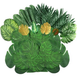 108 Pieces 11Kinds Artificial Tropical Leaf Jungle Leaves Plant Safari Leaves Decorations Fake Palm Golden Leaf with Stems for Hawaiian Luau Party Table Beach Birthday Wedding Theme Party Decorations