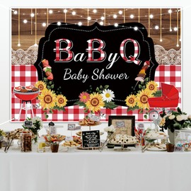 AOFOTO BBQ Baby Shower Backdrop Sunflowers Wood Plaid Baby Q Print Photography Background Barbecue Picnic Gender Reveal Newborn Baby Shower Birthday Party Banner Portrait Photo Studio Props 10x8ft