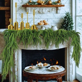 2 Pcs Artificial Norfolk Pine Garlands 6ft Real Touch Winter Pine Christmas Garland, Faux Greenery Garland for for Mantle Table Fireplace Indoor Outdoor Holiday Party Decoration (2)