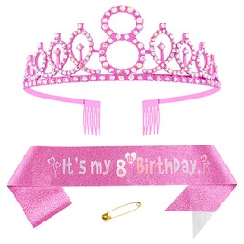 8th Birthday Crown and Sash for Girls Crystal Queen Tiara Princess Crown Pink 8th Birthday Sash 8th Birthday Crown Birthday Sash for Girls Birthday Decoration Birthday Gift