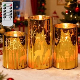 Lasumora Gold Christmas Reindeer Flameless Candles with Remote Timer, Set of 3 LED Candles in Plated Glass Holder, Battery Operated Candles Real Wax for Home Décor Christmas Gifts, D3”x H4” 5” 6”