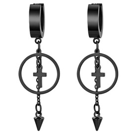 JewelryWe Men Women's Dangle Earrings Hip Hop Punk Style Geometric Circle Tassel Chain Cross Dangling Hoop Stud Earrings(Black)