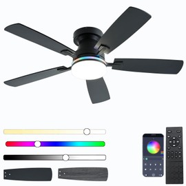 Ayaoty Ceiling Fans with Lights, 48 inch Low Profile Ceiling Fan with Light and Remote Control, Flush Mount RGB Dimmable Light, Noiseless, Black Ceiling Fan for Bedroom Indoor/Outdoor Use