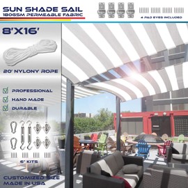 Windscreen4less 8' x 16' Rectangle Sun Shade Sail with 6 inch Hardware Kit - Wide Grey Stripes/White Stripes Durable UV Shelter Canopy for Patio Outdoor Backyard - Custom