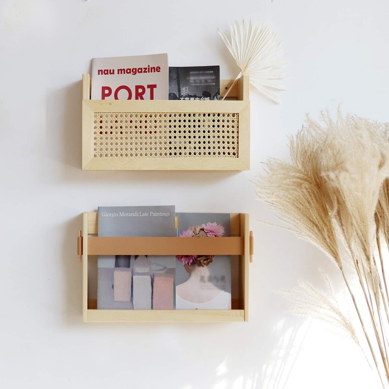 FIRADE Wall-Mounted Magazine Holder With PU Leather Strap,Wood Magazine rack,File
