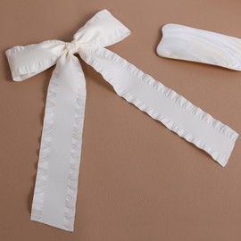 5.5" off-White Hair Bows Big Silky Satin Ruffle Tassel Ribbon Hair Clip Barrettes with Long Tail for Women Flower Girls Thick Thin Hair,Bridal Shower Wedding Party Dress Accessory