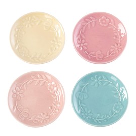 C&F Home Spring Appetizer Dish Dinner Plate 3.75 Inch Ceramic Stoneware Pastel Floral Embossed Assorted Set of 4