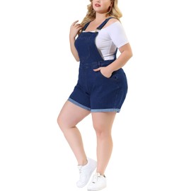Agnes Orinda Plus Size Overall Shorts for Women Jumpsuit Roll Hem Pocket Jean Denim Overalls 4X Blue