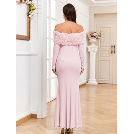 AISWI 3D Floral Off The Shoulder Maternity Dress Long Sleeve Ribbed Mermaid Maxi Bodycon Pregnancy Dresses Baby Shower, Light Pink, Large
