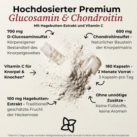wabi sabi Glucosamine & Chondroitin - 180 Vegetarian Capsules - for 2 Months - with Rosehip Extract & Vitamin C - High Dose & Tested Supplement without Unnecessary Additives - German Quality Brand