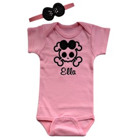 Baby Girl Embroidered GLITTER SKULL Bodysuit and MATCHING Bow HEADBAND - Your Custom Name (3-6 MONTHS, PINK & BLACK)