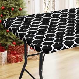 Smiry Rectangle Picnic Table Cover, Waterproof Elastic Fitted Camping Table Covers for 6 Foot Tables, Wipeable Flannel Backed Vinyl Tablecloth Protector for Indoor, Outdoor (Black, 30x72 Inches)